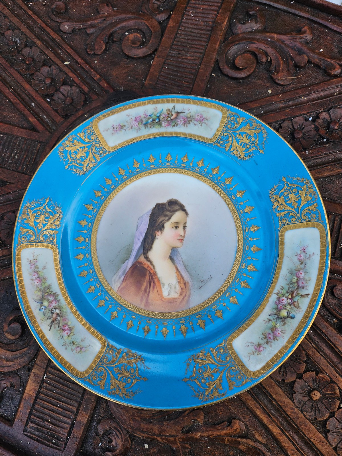 Antique SEVRES marked porcelain plate hand paint MArie Adelaide Savoy birds rare