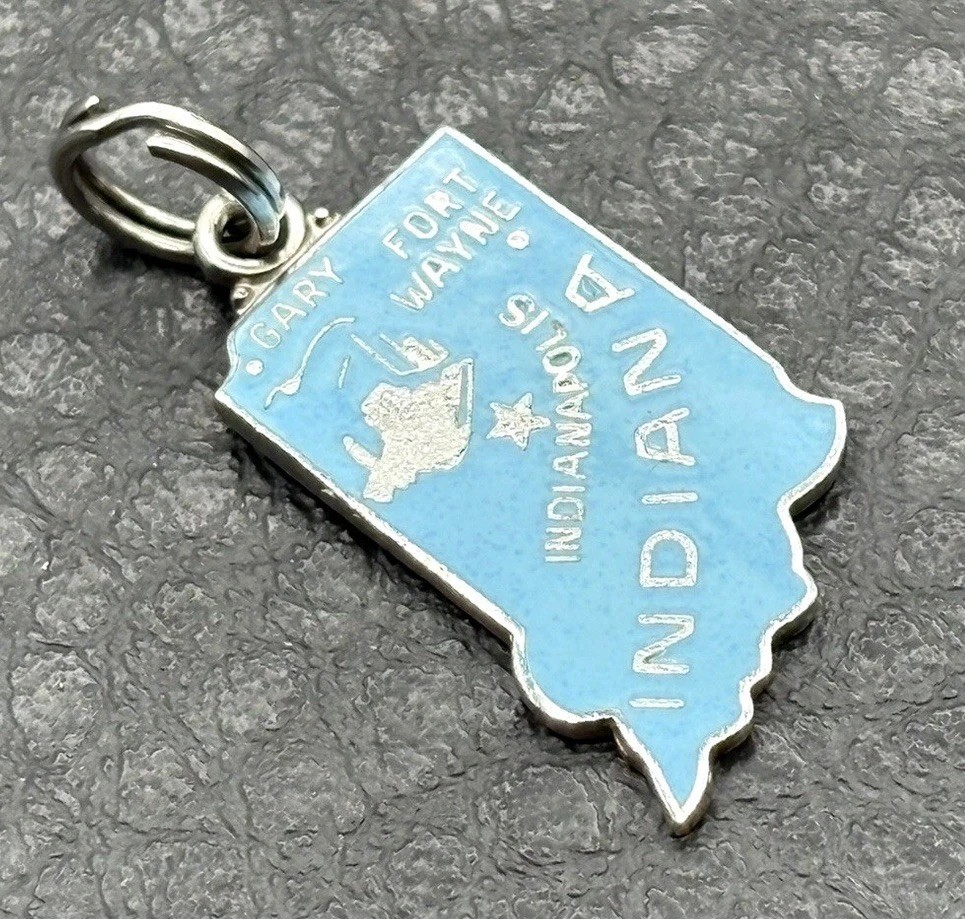 Vintage Wells Sterling Silver 925 Blue Enamel Indiana State Map Charm Pendant Vintage Wells Sterling Silver 925 Blue Enamel Indiana State Map Charm Pendant