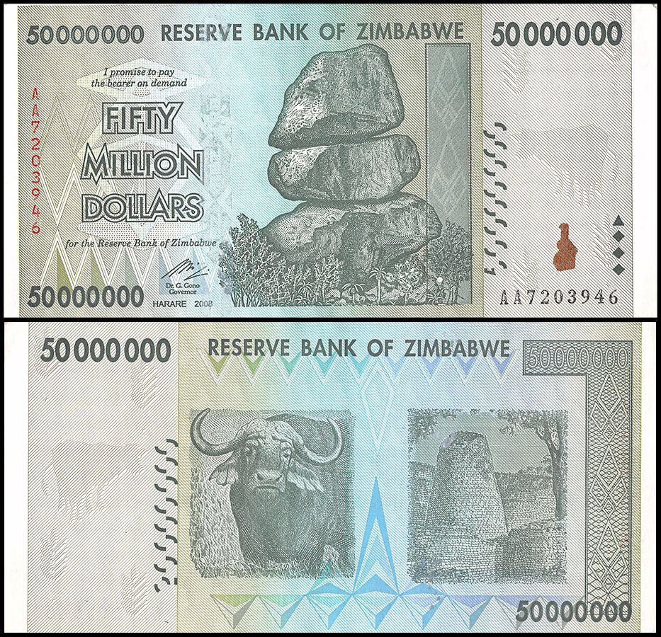 Zimbabwe 50 Million Dollars, 2008, P-79, Used Zimbabwe 50 Million Dollars, 2008, P-79, Used