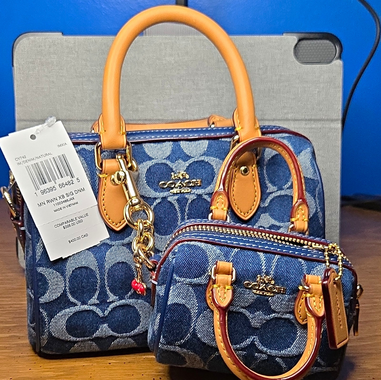 Coach Signature Logo Denim Satchel Top Handle Zip Blue Tan Gold Charm Coach Signature Logo Denim Satchel Top Handle Zip Blue Tan Gold Charm