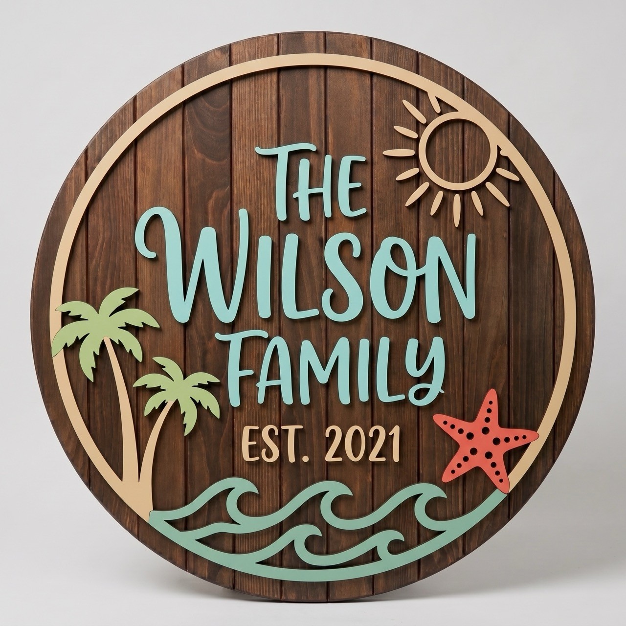 Personalized Beach Tropical Palm & Starfish Round Wood Sign