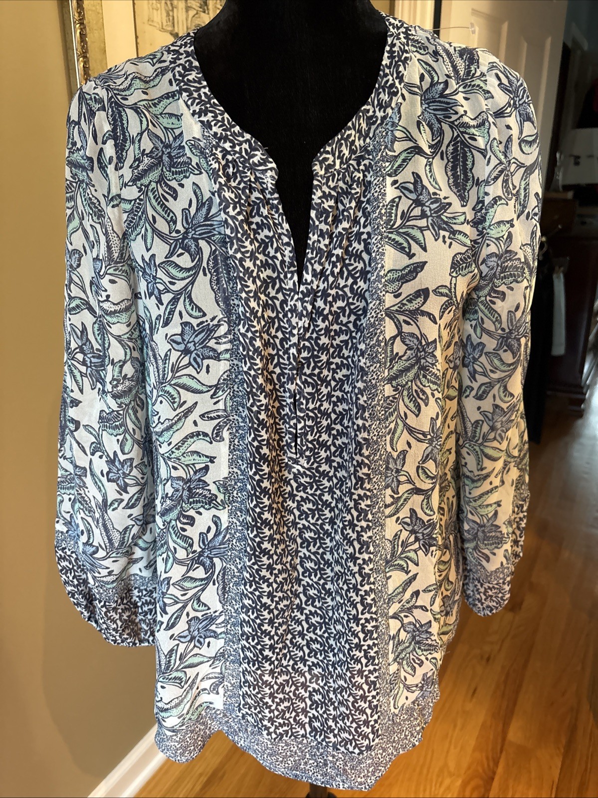 JOIE Womens 100% Silk Print V-Neck Sheer Boho Peasant Blouse Tunic Size M New