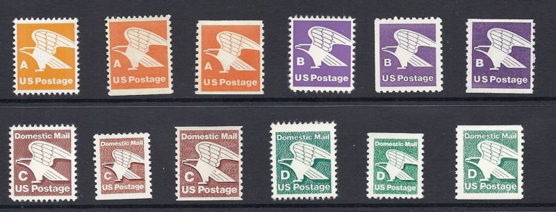 US Regular Issue Set of 12, 1978-85 A-D Eagles - Coils, Booklet Single, Reg MNH