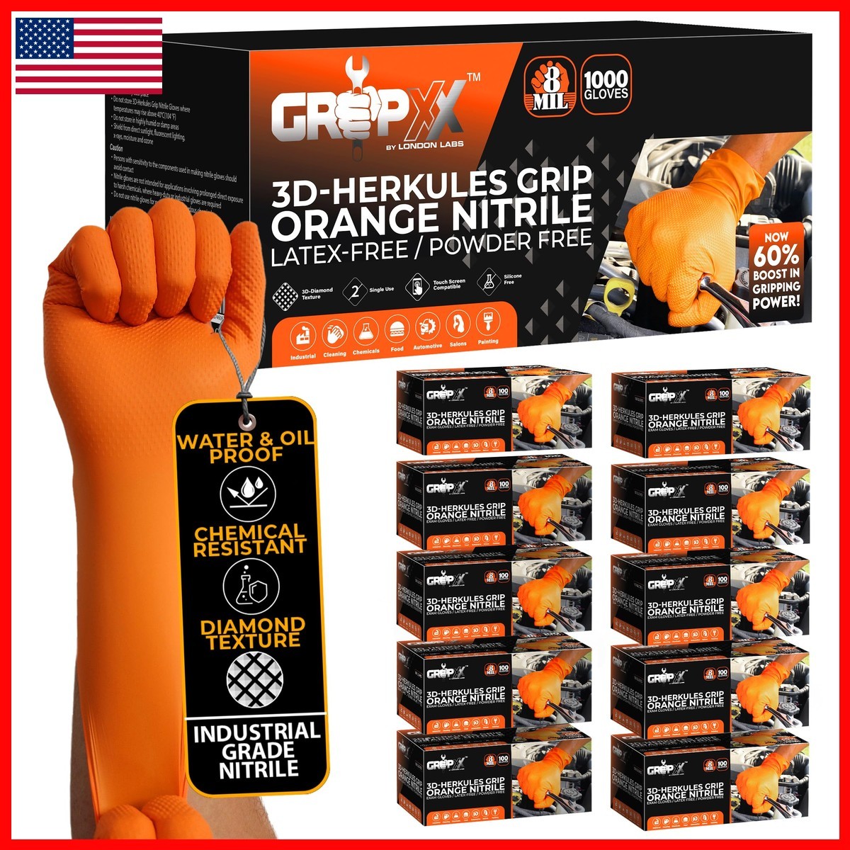 GRIPXX Herkules Grip 8Mil Orange Nitrile Gloves X-Large (10) 3D Raised Diamond