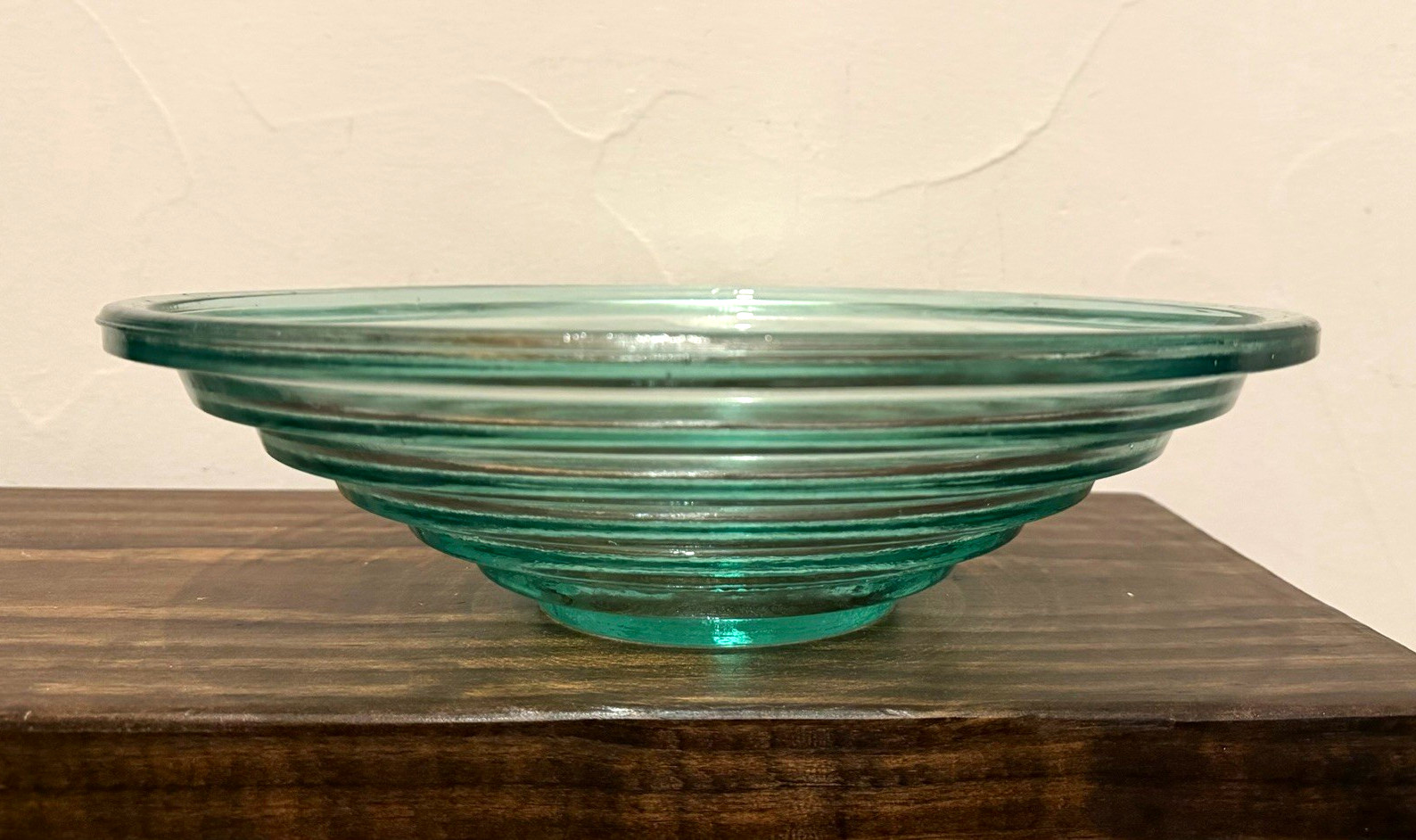 Vintage Green Glass Lens Bowl 14” Art Deco Machine Age Teague Steuben Style