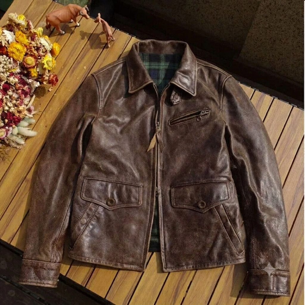 Vintage Buffalo Hide Leather Jacket Men Distressed Crackled Brown Flight Style Vintage Buffalo Hide Leather Jacket Men Distressed Crackled Brown Flight Style