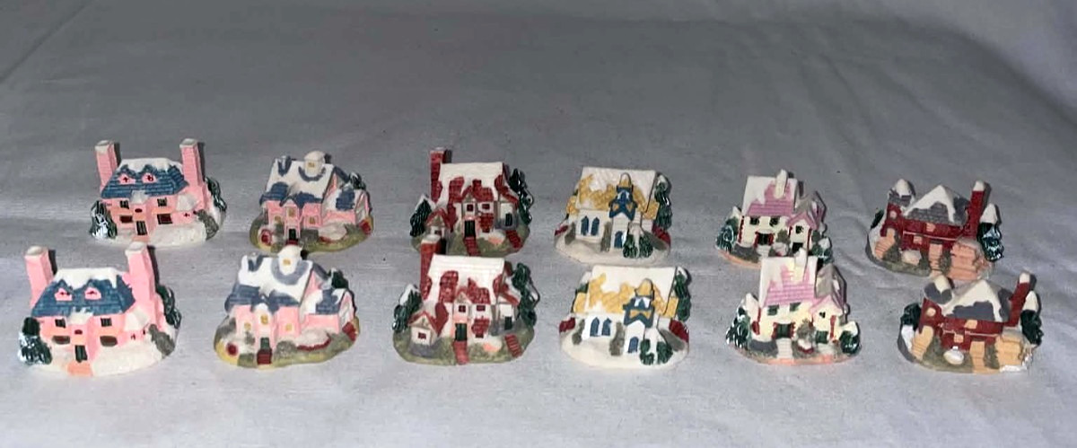 Vintage Miniature Christmas Village Houses Lot of 12 Resin Tiny Snowy Cottages