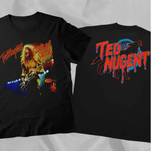 Ted Nugent State Of Shock 90s Black Rare Vintage Double Sided T-Shirt S-5XL