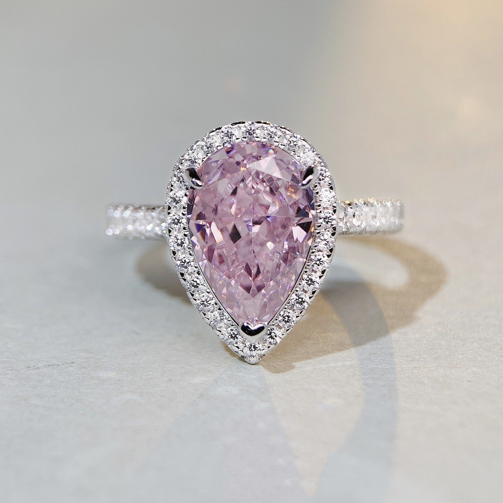 Pink 7ct Pear Ice-Flower Treated Diamond-Like Stone Ring S925 Silver