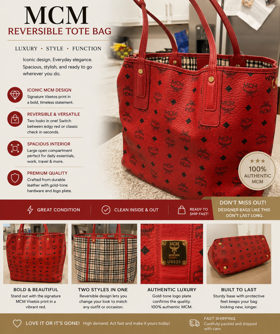MCM Liz Reversible Leather Visetos Large Red Tote Shopper Bag MCM Liz Reversible Leather Visetos Large Red Tote Shopper Bag