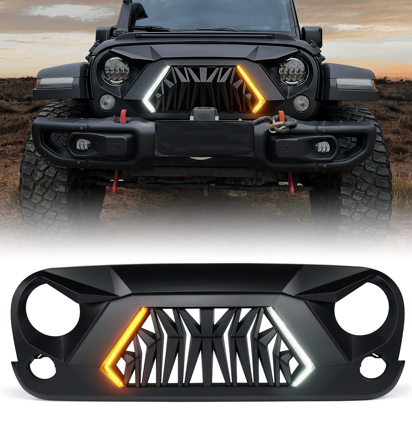 Xprite Black Front Shark Grille w/Turn Signal Lights for 07-18 Jeep Wrangler JK