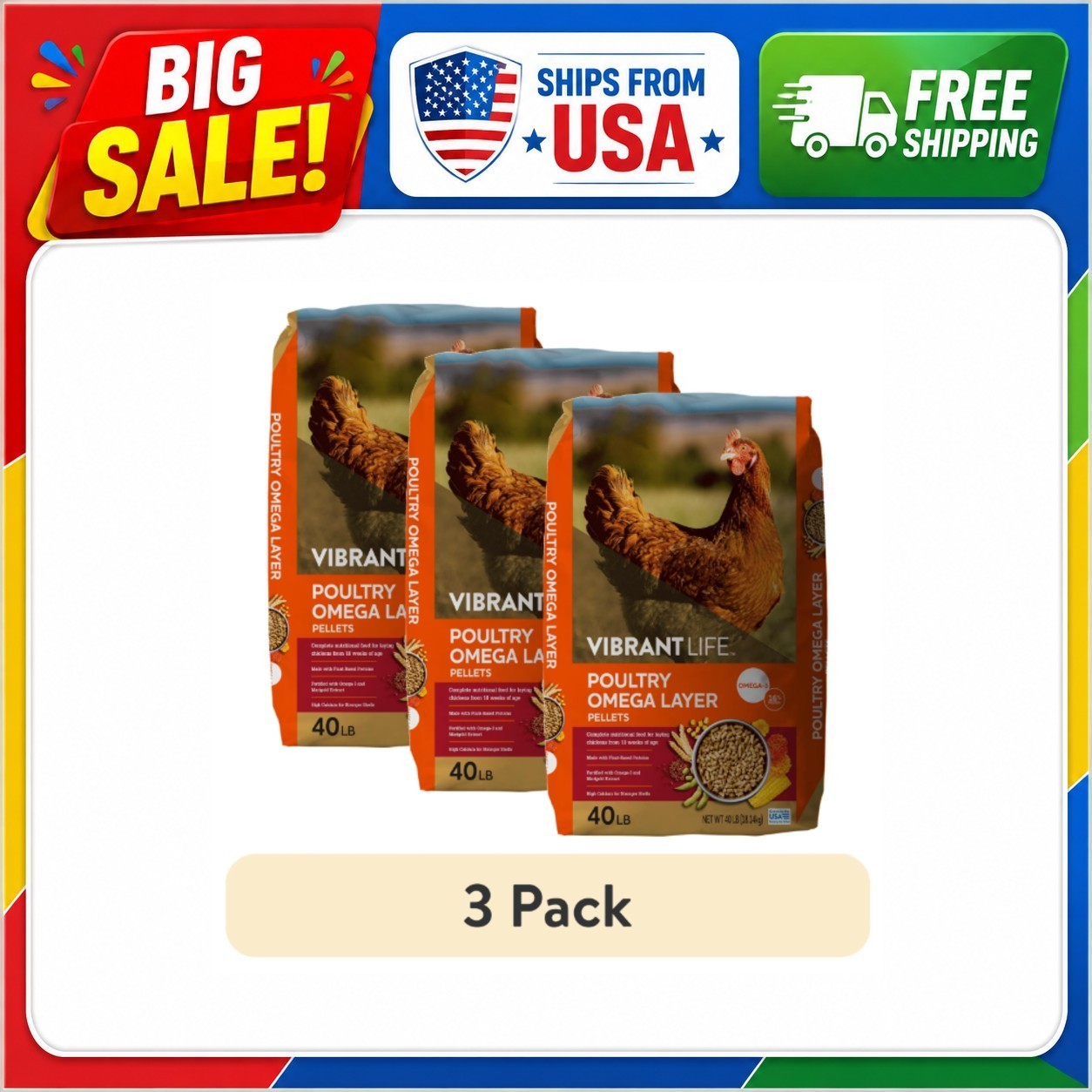 (3 pack) Vibrant Life Poultry Omega Layer Pellets, 40 lb Bag