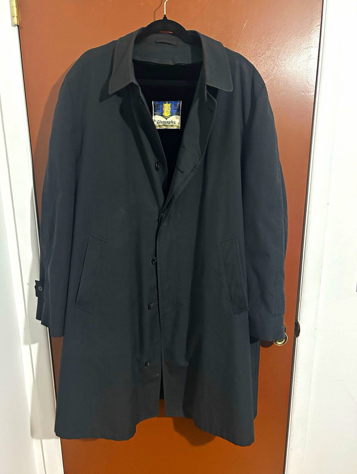 Vintage Gleneagles Men’s Black Long Overcoat Lined Pockets Button Closure