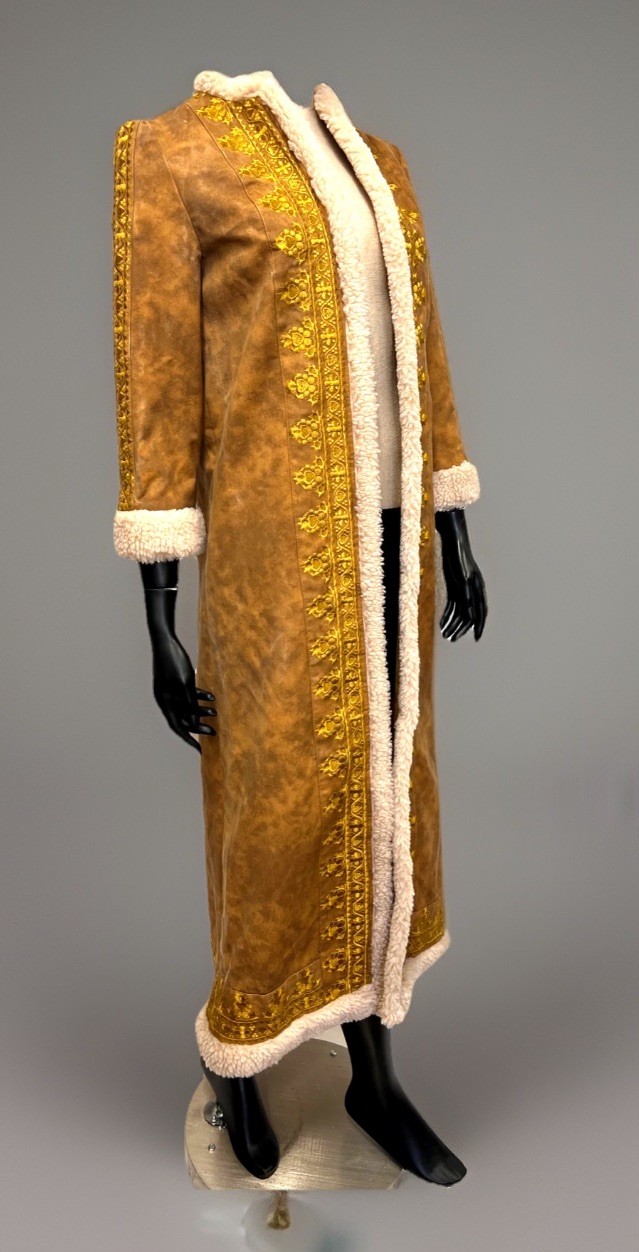 Vintage Beverly Paige Boho Duster Coat Canvas Gold Embroidery Shearling Trim S/M