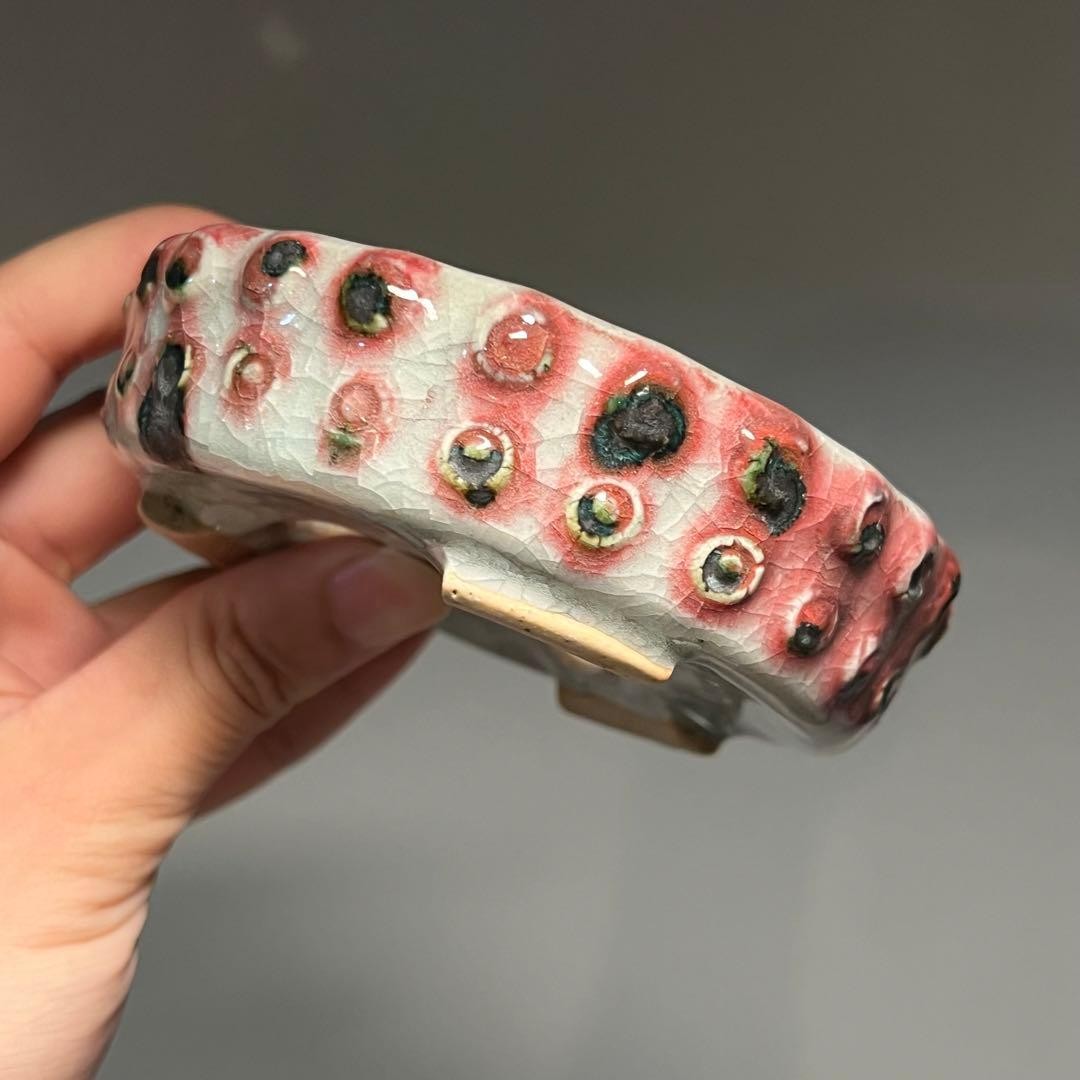 Japanese Bonsai Pot MACHINAO Round 10.6×3.2cm Red Kiln Effect Signed Shohin Japanese Bonsai Pot MACHINAO Round 10.6×3.2cm Red Kiln Effect Signed Shohin