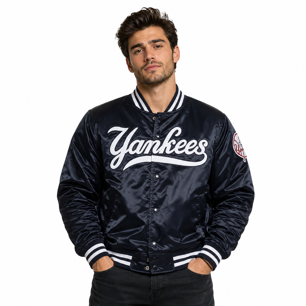 Vintage 90s NY Yankees Blue Satin Bomber Jacket Athletic Varsity Style