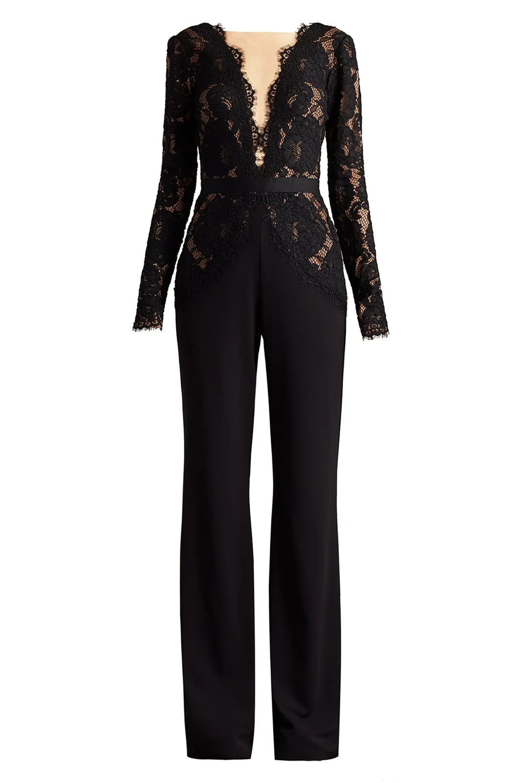 NEW, Tadashi Shoji Mixed Media Plunge Neck Cotton Jumpsuit Black Sz 14 #MD2484