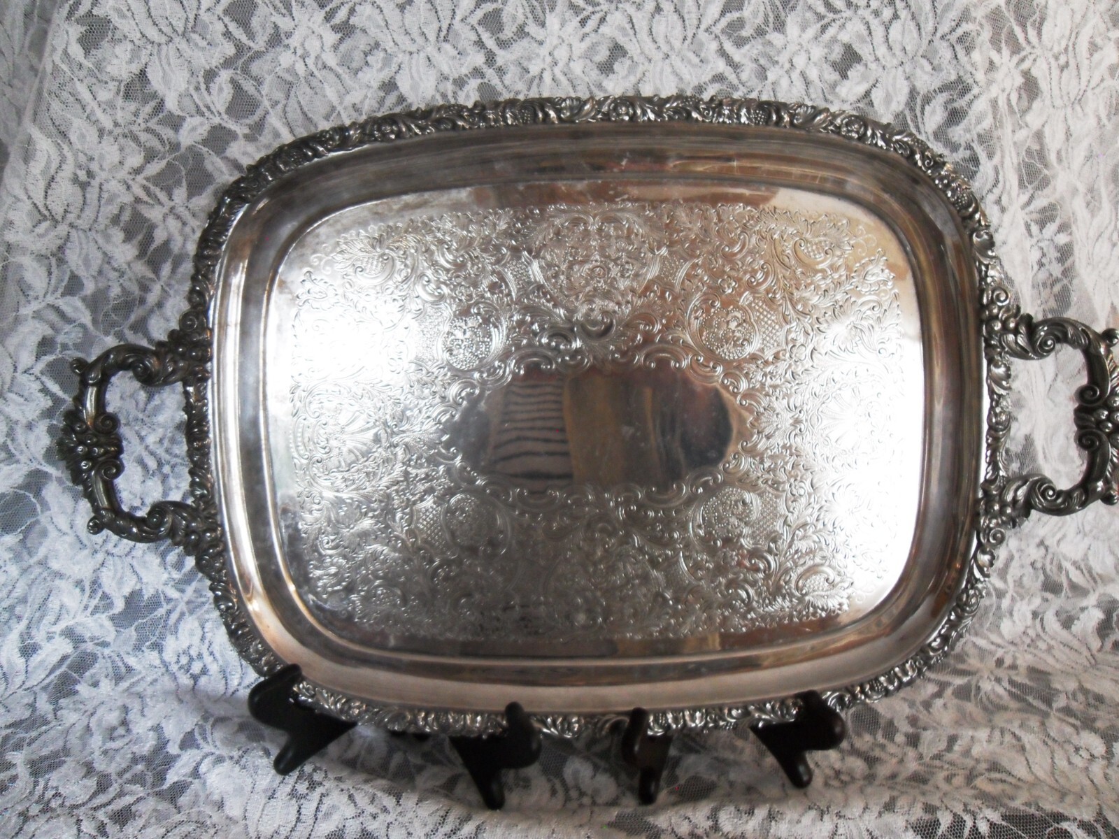 ANTIQUE ELLIS  BARKER FOOTED SILVER PLATE TRAY, RECTANGULAR  20 \