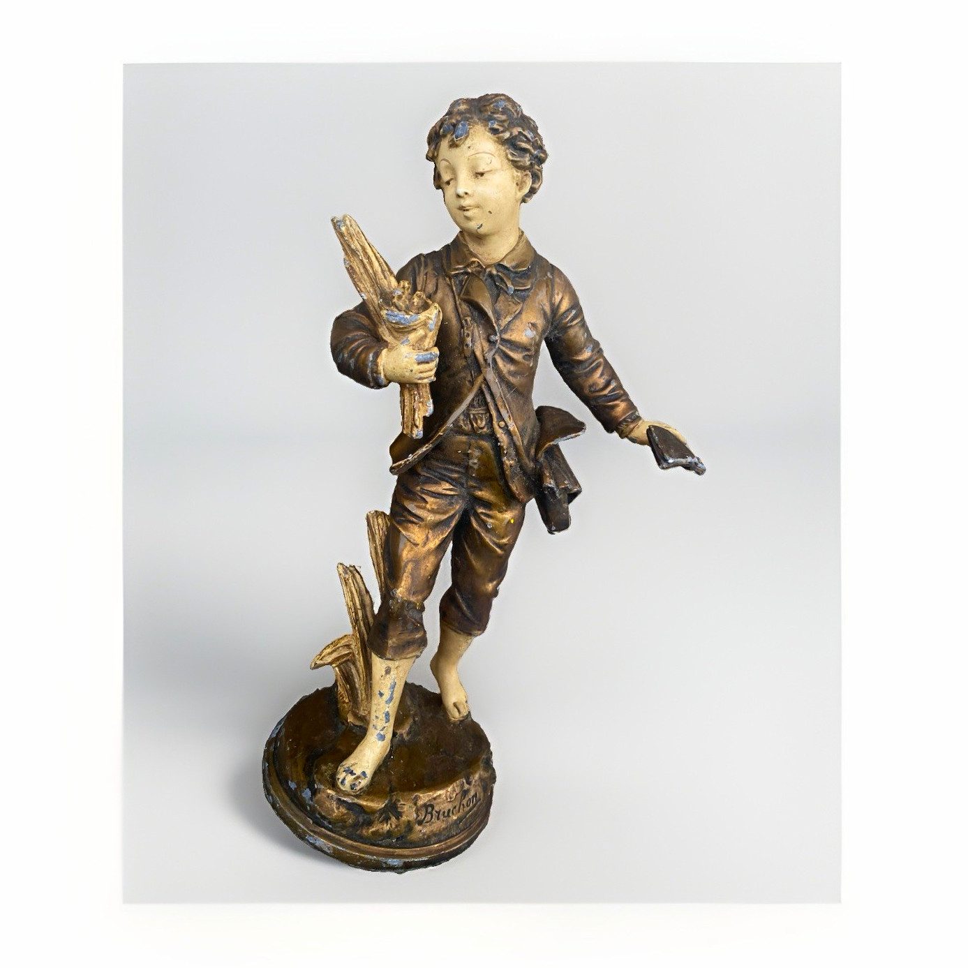 Bruchon Signed Boy Figurine Antique Style Spelter Bronze Finish Sculpture