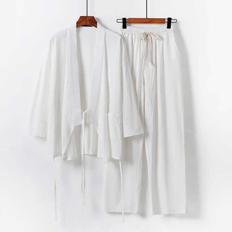 Chinese Style Linen Suit Mens Loose Shirt Tang Suit Hanfu Cotton Linen 2Pcs Set