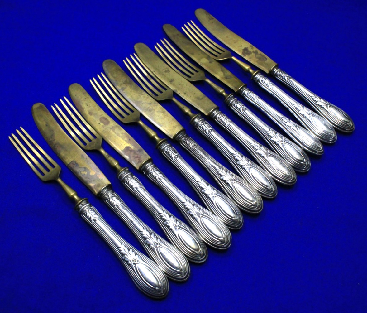 Antique 800 Silver-Handled 12 piece Cutlery Set With VERMEIL  BLADES