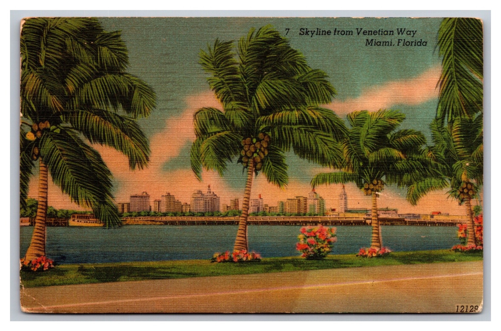 Miami FL Florida Skyline from Venetian Way Cityscape Linen Postcard Posted 1952