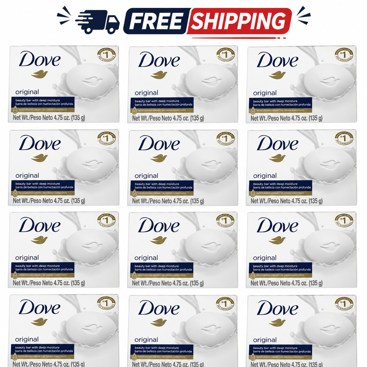 Dove Original White Beauty Cream Bar Soap4.75 Oz 135g 12 Pack Face Body & Hands