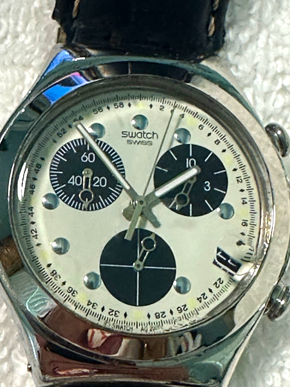 Swatch Irony Quartz Chronograph Date Silver Stainless Steel Black Leather