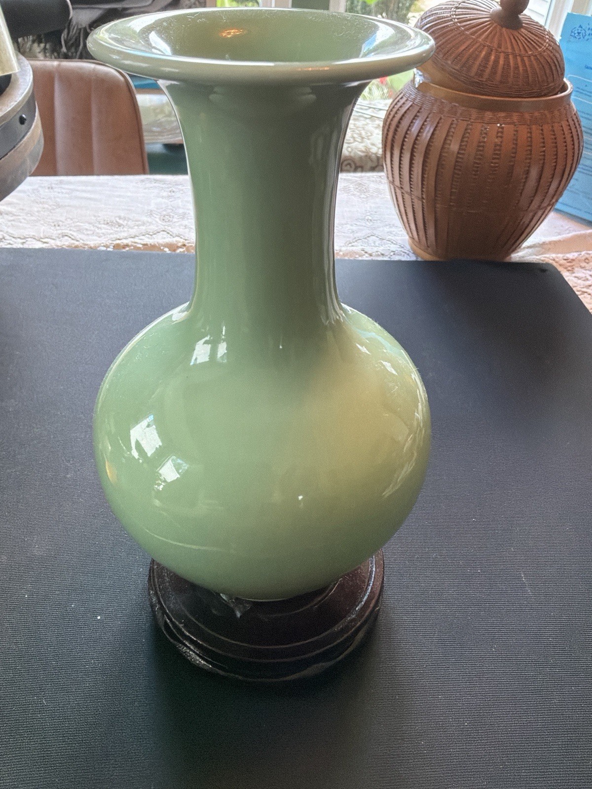 Vintage Chinese Saigon Glaze Porcelain Face Attached Wooden Stand 10” Mint Green