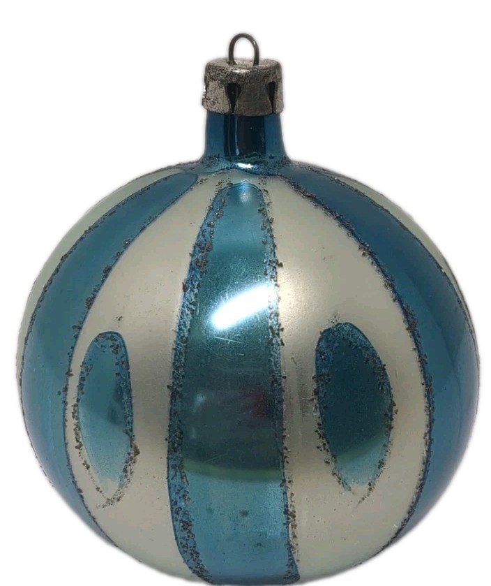 VTG Poland Blue Striped Ball Christmas Ornament Black Mica 3\