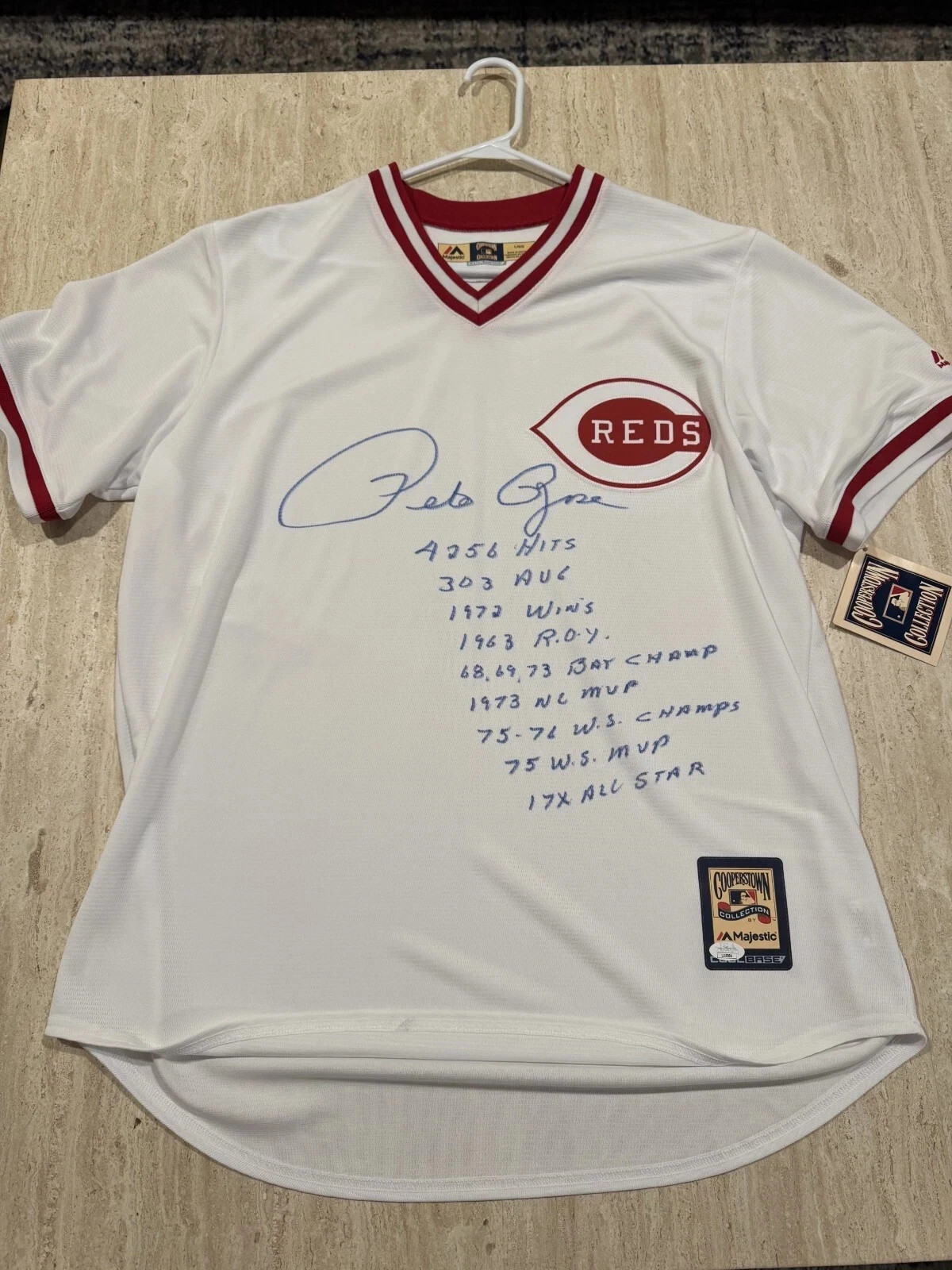 Pete Rose AUTO Signed Reds HALL OF FAME CAREER RECORD 9 Stat Jersey JSA CERT Pete Rose AUTO Signed Reds HALL OF FAME CAREER RECORD 9 Stat Jersey JSA CERT