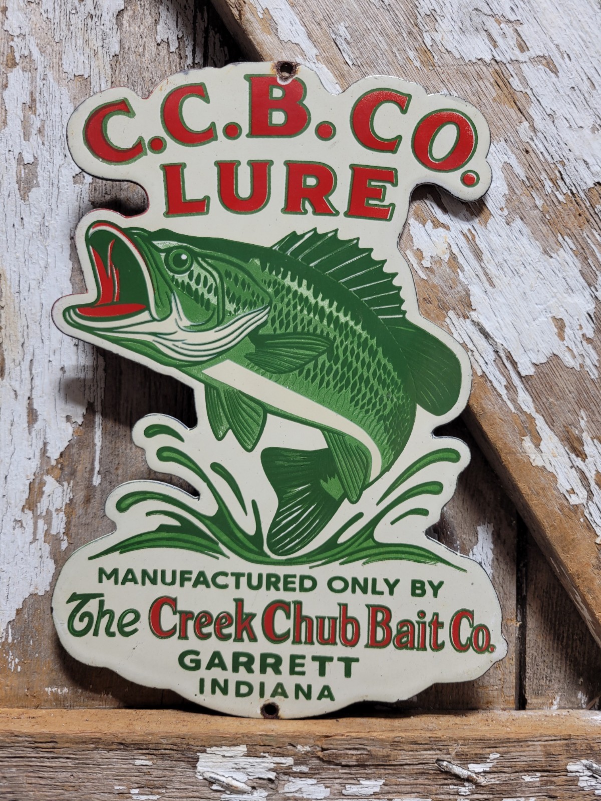 VINTAGE CREEK CHUB BAIT CO. PORCELAIN SIGN OLD FISHING LURE TACKLE ROD REEL SHOP