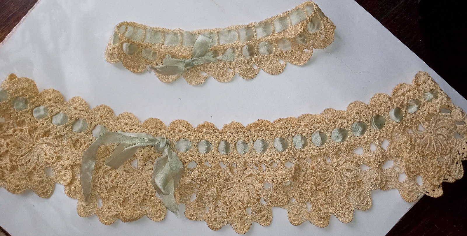 Two Antique Pieces of Crochet With Silk Ribbon Insert #2255 Two Antique Pieces of Crochet With Silk Ribbon Insert #2255