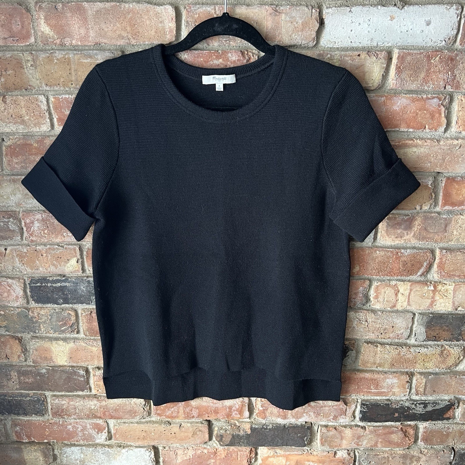 Madewell Black Wool Blend Women\'s S Waffle Knit Pullover Boxy Blouse Shirt