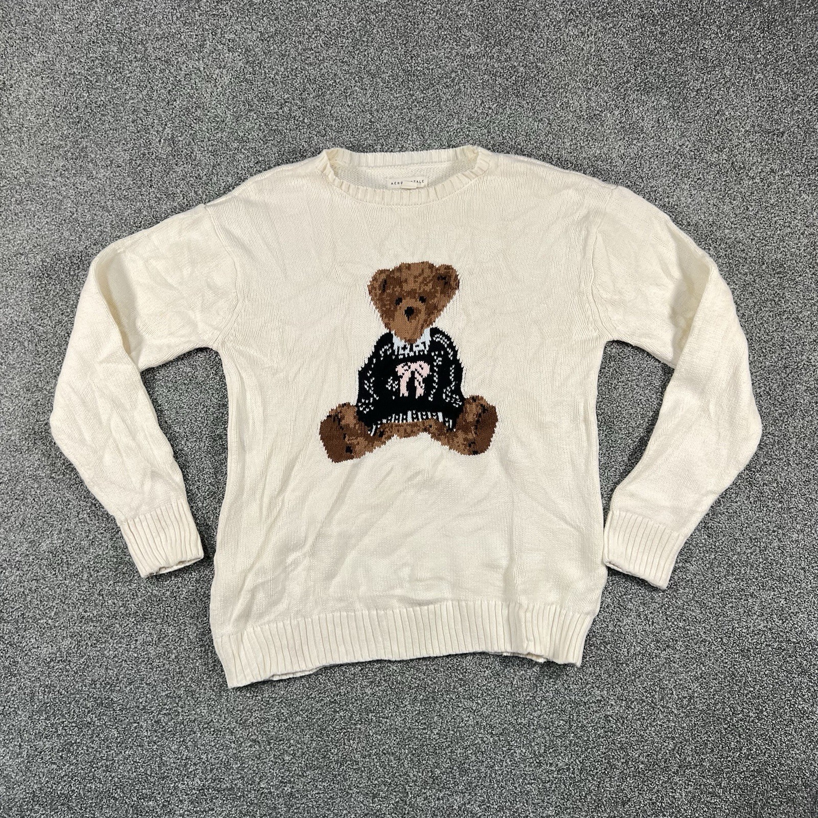     Aeropostale Women’s S Teddy Bear Graphic Knit Sweater Cream Preppy