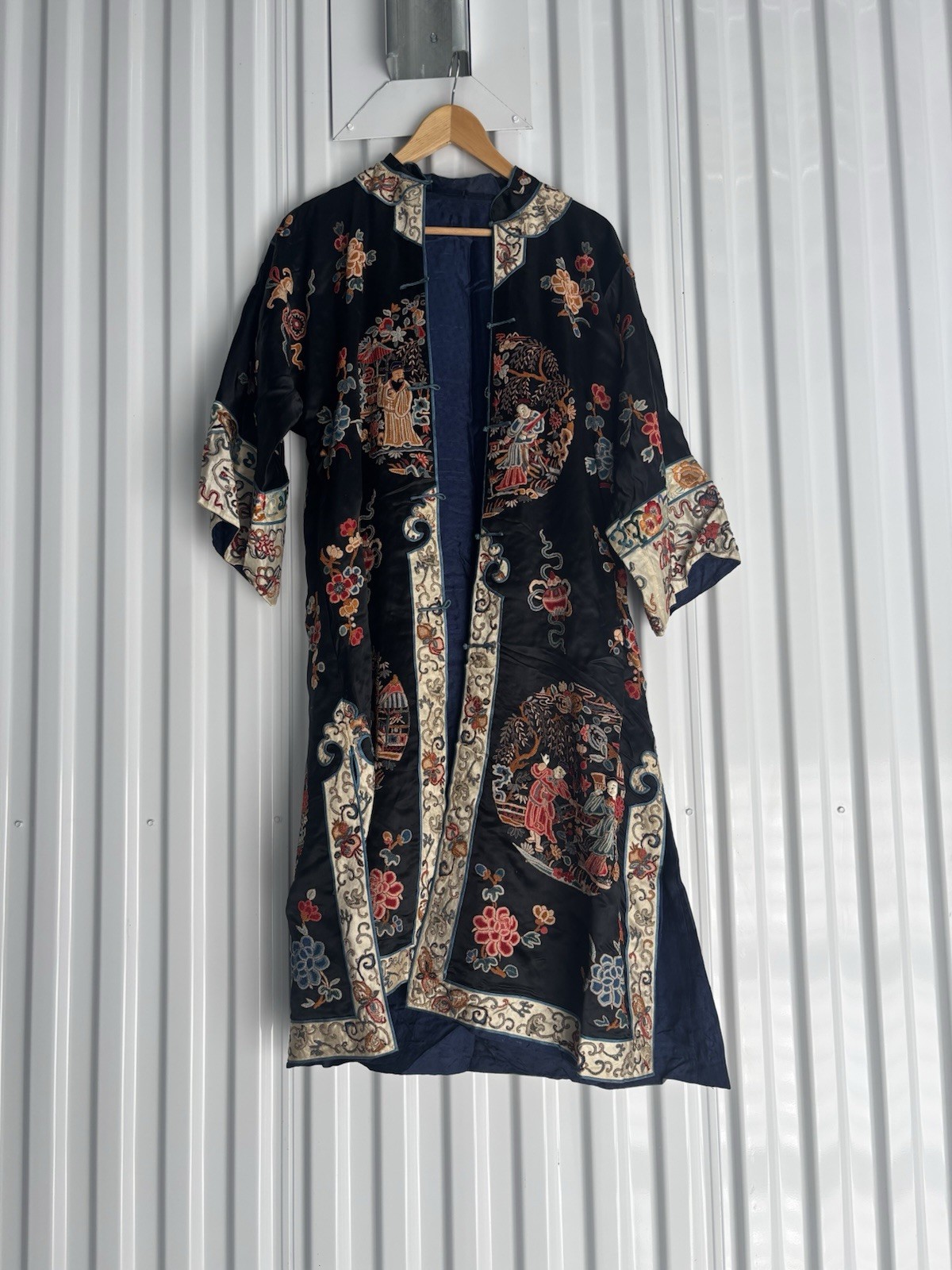 Antique Qing Dynasty Pure Silk Hand Embroidered Black Floral Robe