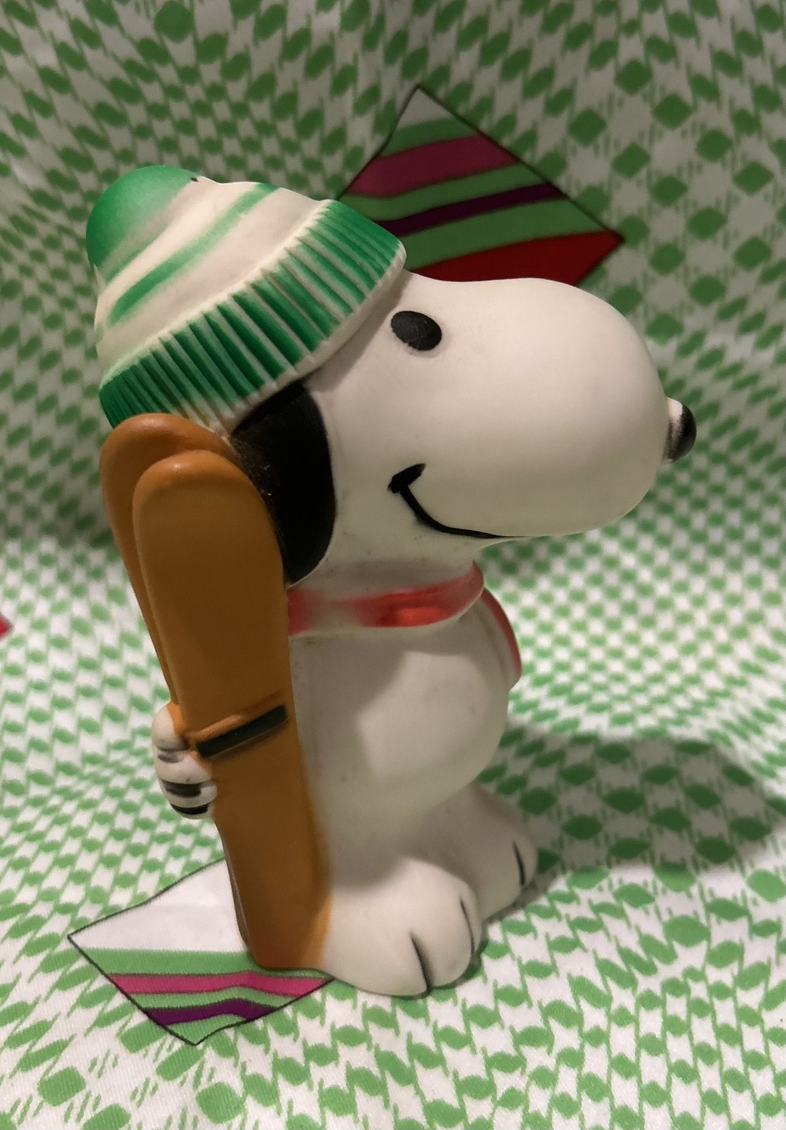 Vintage Peanuts Snoopy Christmas Rubber Squeaky 1966 Toy w Beanie, Scarf, & Skis