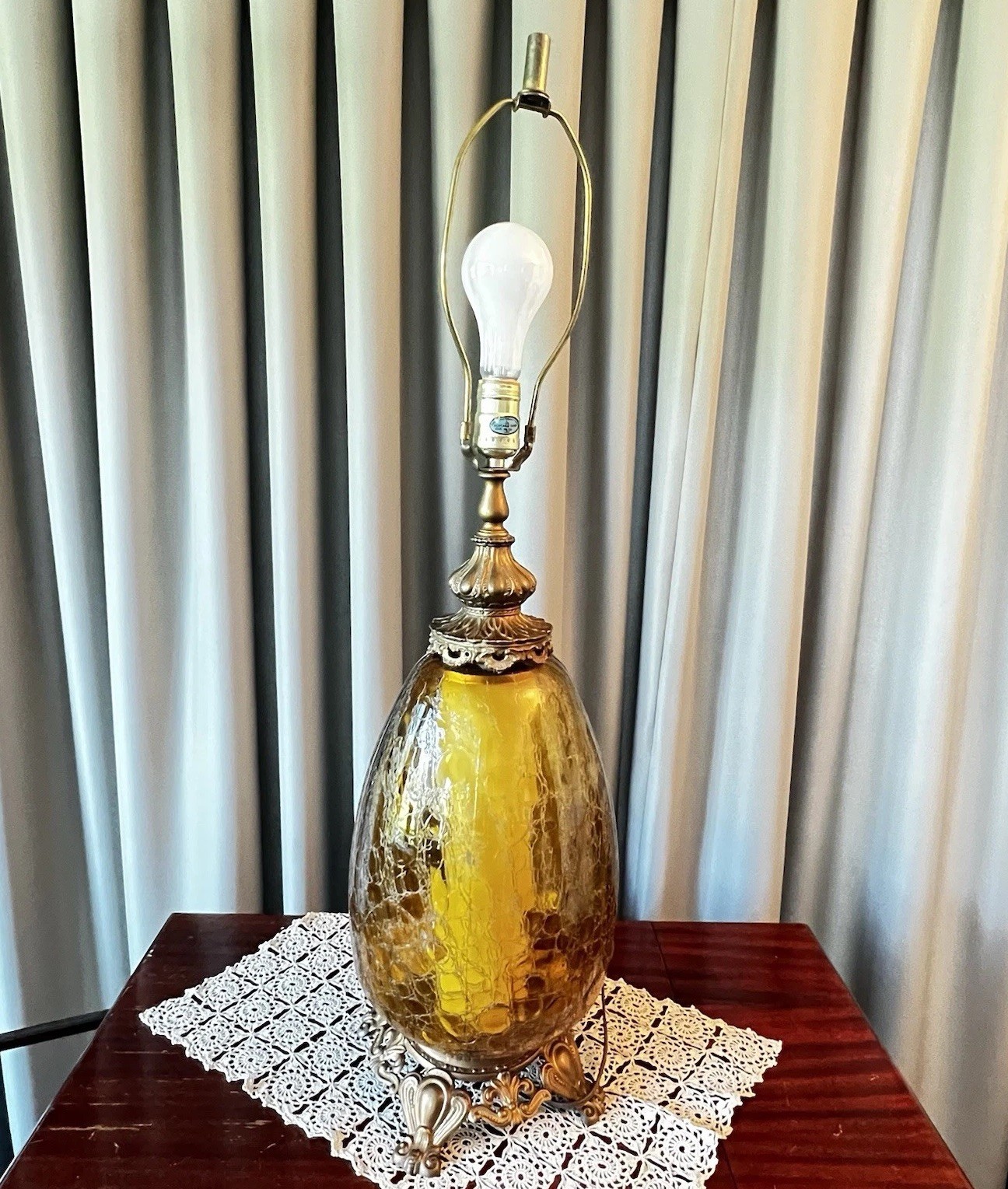 MCM Amber Crackle Glass Lamp w TV Light | EF & EF Ind Chicago 30\
