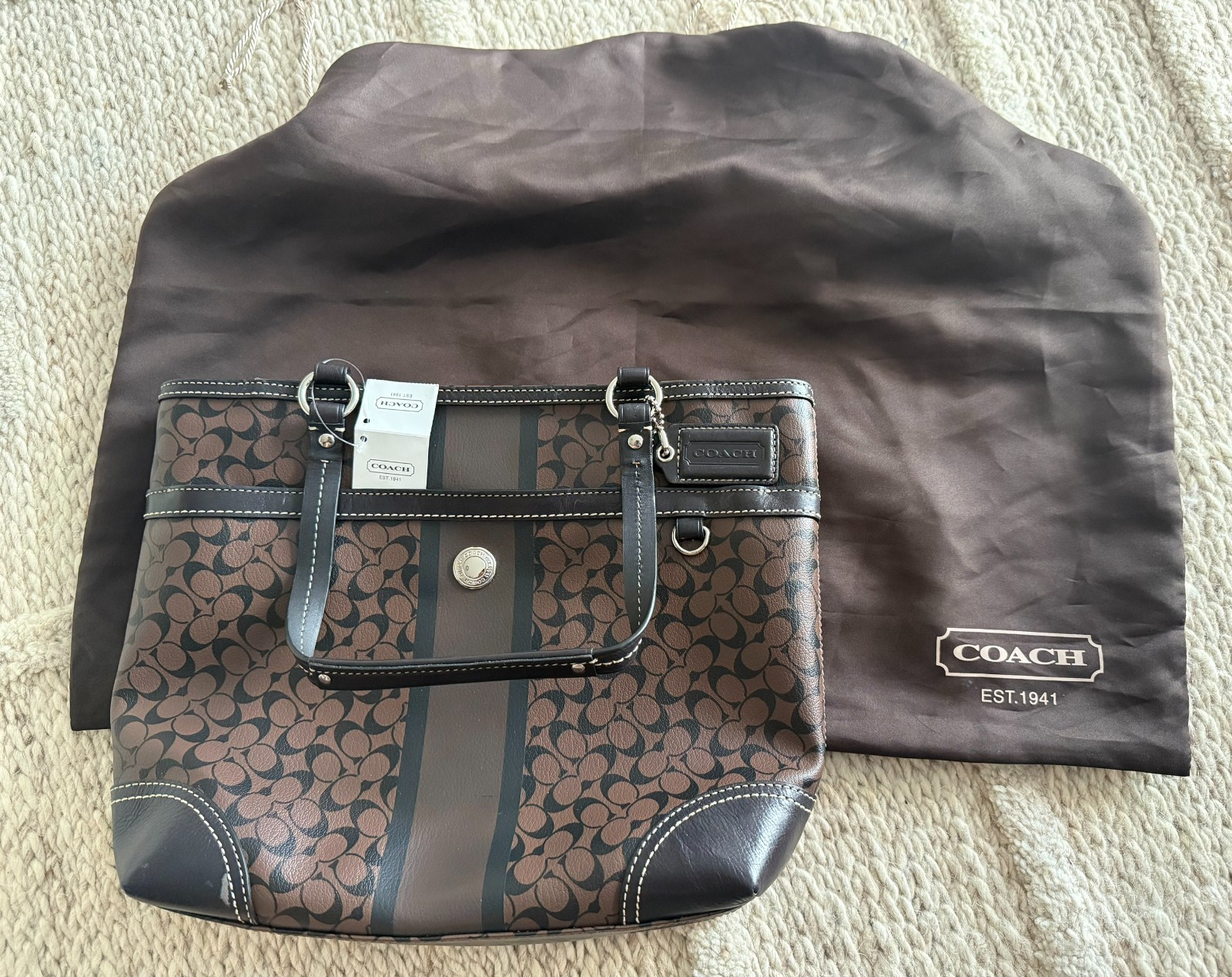 Coach Signature Stripe Tote Bag with Dust Bag F15137 Chelsea Brown Black NWT