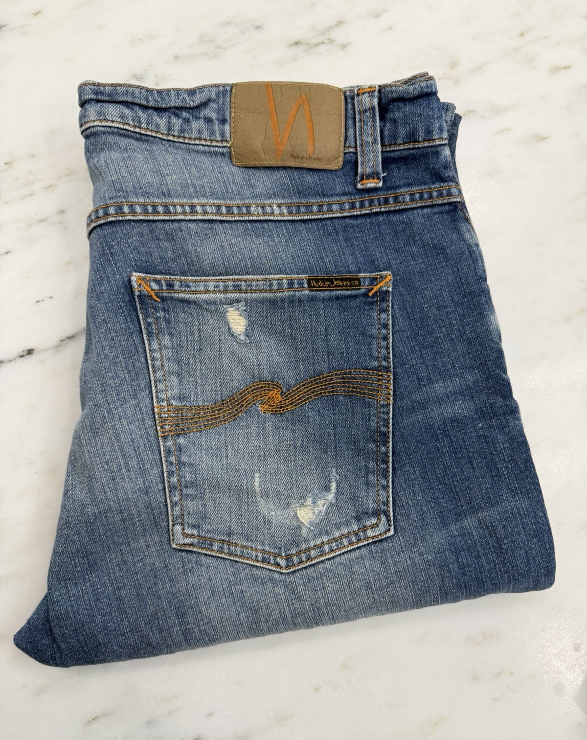 Nudie Jeans Co Lean Dean Blue Denim Slim Fit Distressed Stretch Jeans 36 waist