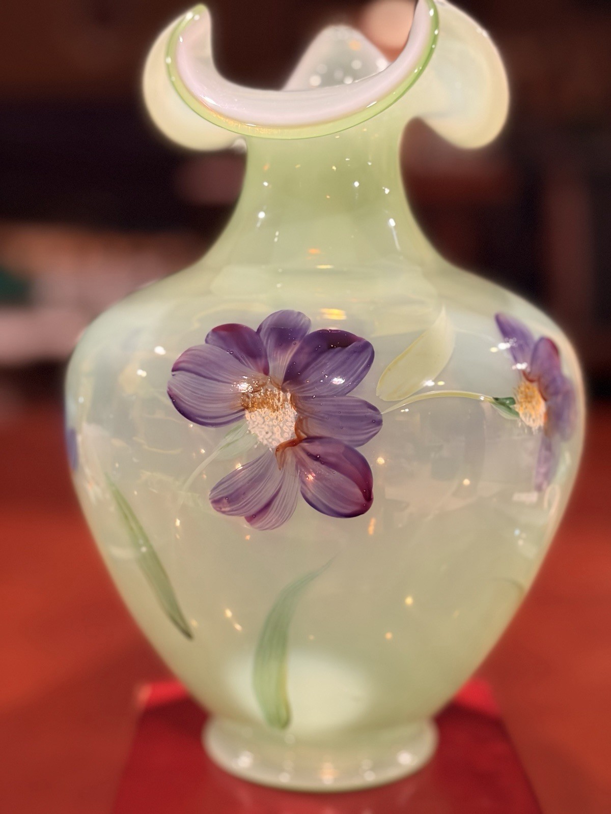 Fenton Glass 2006 Splendor Opaline on Fern Green Overlay Hand Painted Vase 8.5” Fenton Glass 2006 Splendor Opaline on Fern Green Overlay Hand Painted Vase 8.5”