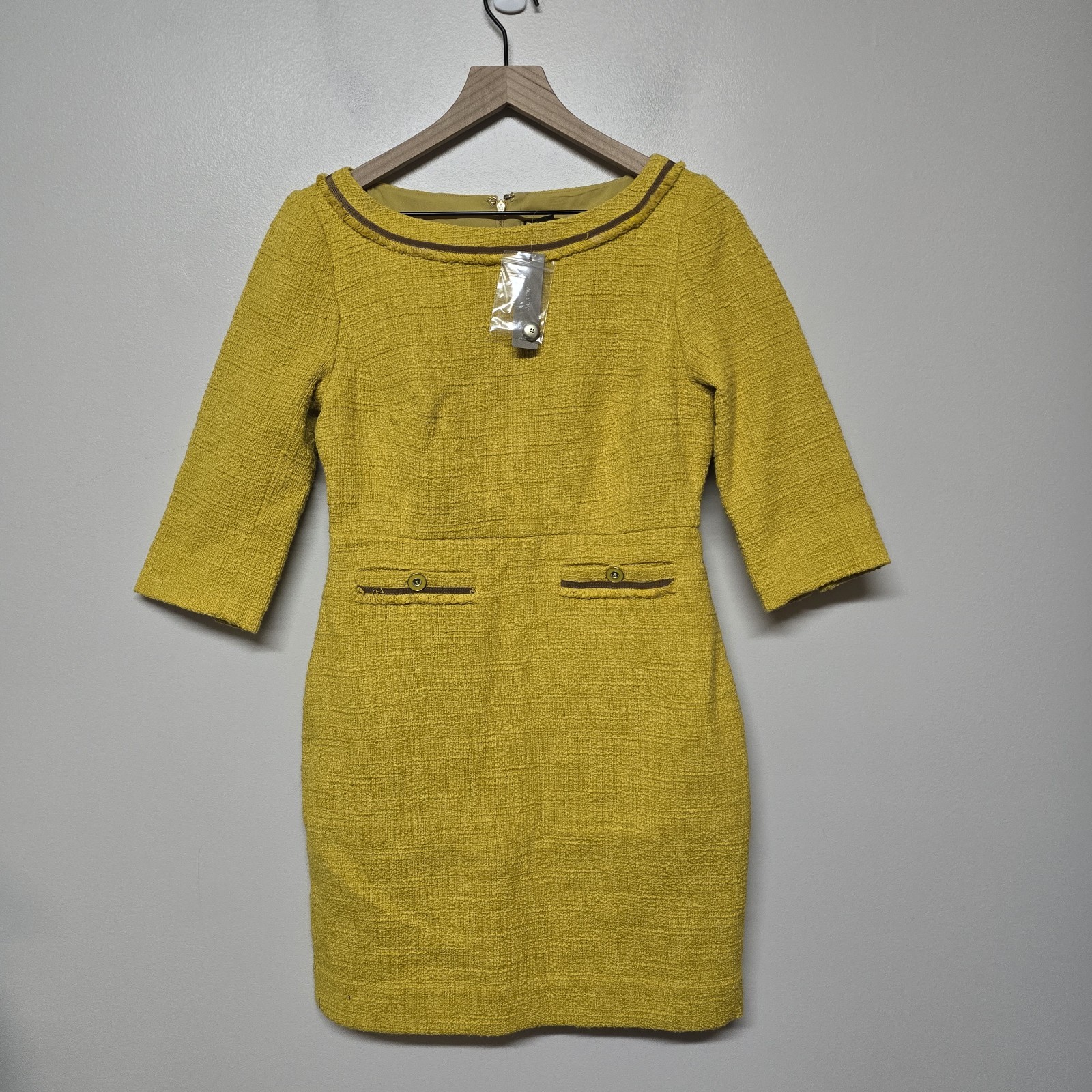 J.Crew Women\'s 6P Yellow Tweed Shift Dress Lined 3/4 Sleeve Retro Style Pocketz