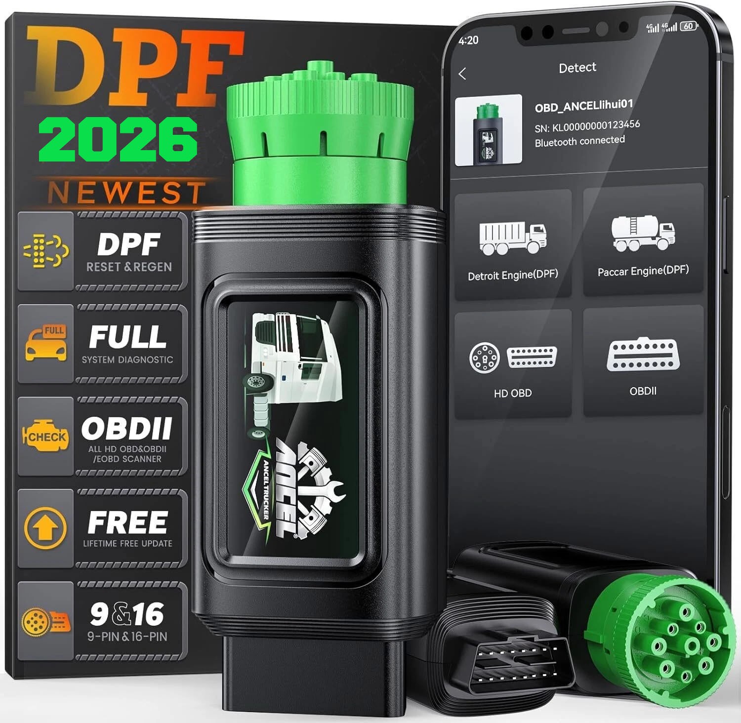 ANCEL HD110 Diesel Heavy Duty Truck Scanner DPF Regen Detroit Paccar Diagnostic