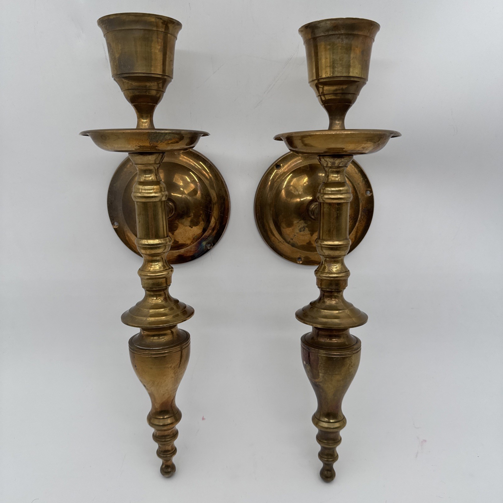 LG 15” Vintage Pair Solid Brass Wall Sconces Candle Holders Spindle India Made LG 15” Vintage Pair Solid Brass Wall Sconces Candle Holders Spindle India Made