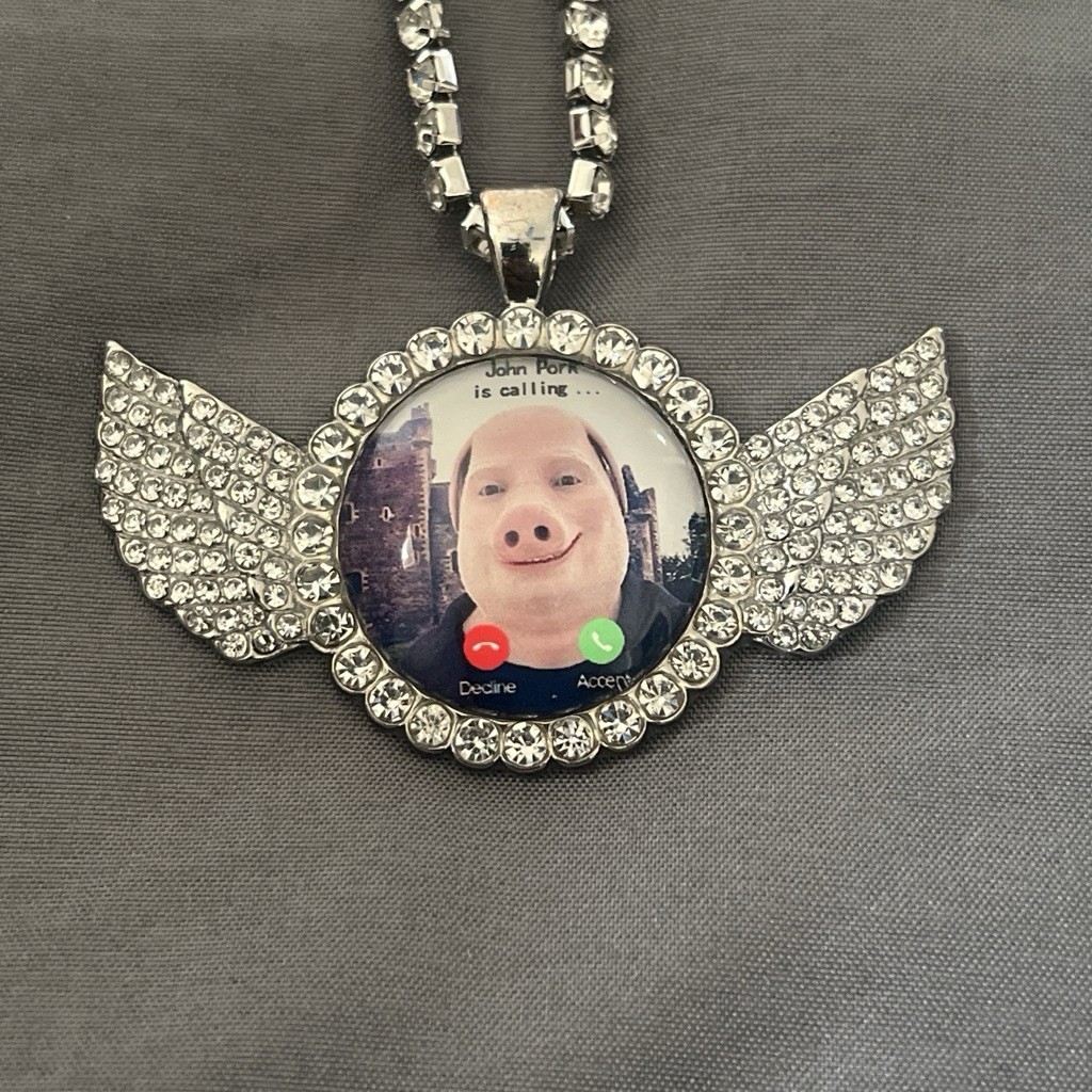 John Pork Is Calling Silver Iced Out Novelty Wing Pendant & Chain