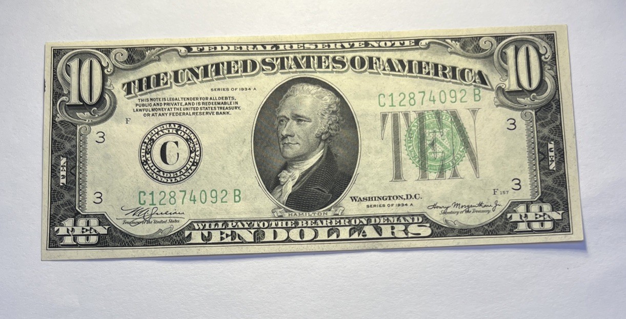 1934 TEN DOLLAR PHILADELPHIA DISTRICT (C) LIME GREEN SEAL CRISP UNCIRCULATED 1934 TEN DOLLAR PHILADELPHIA DISTRICT (C) LIME GREEN SEAL CRISP UNCIRCULATED