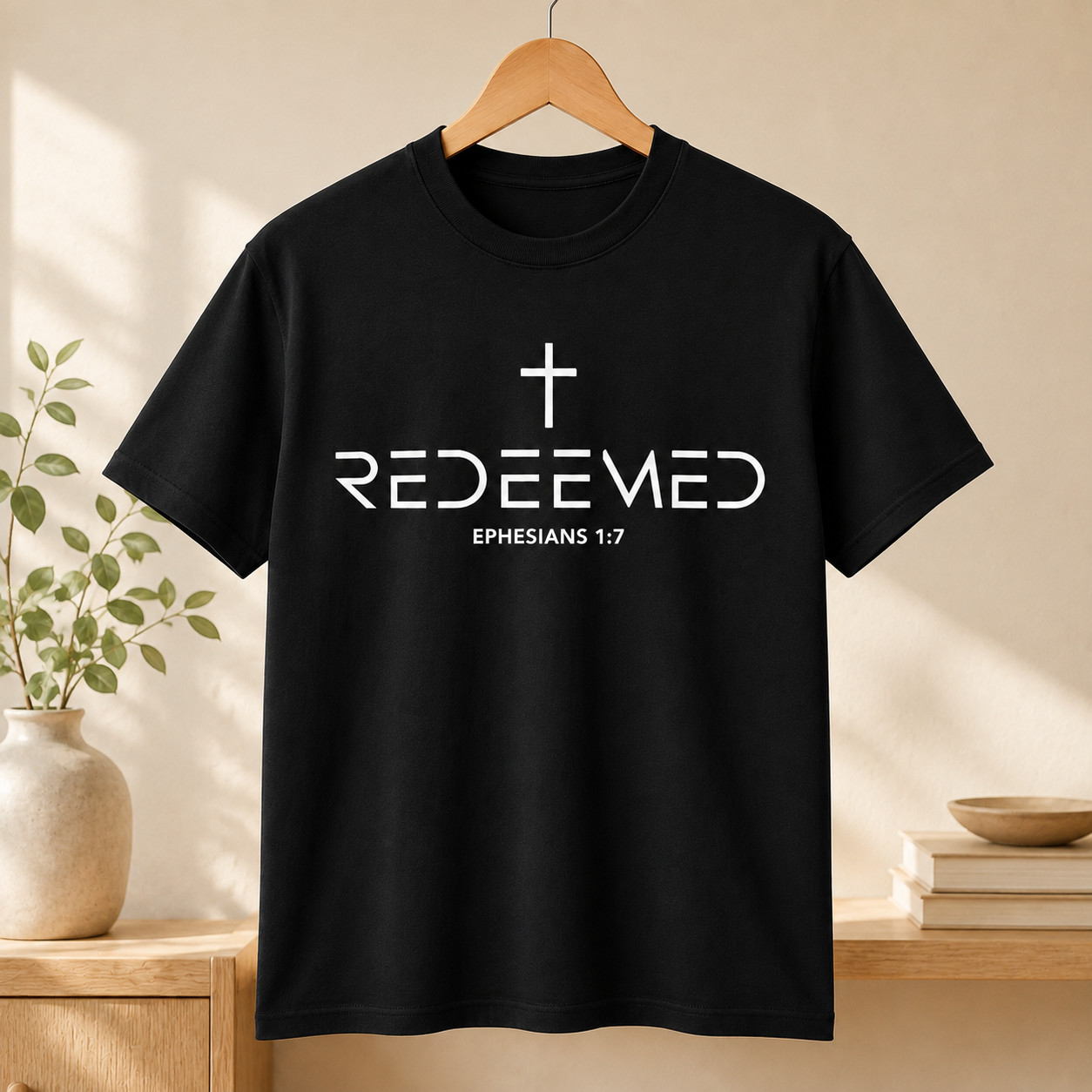 Christian Redeemed Cross Bible Verse T-Shirt Ephesians 1:7 Black Faith Tee