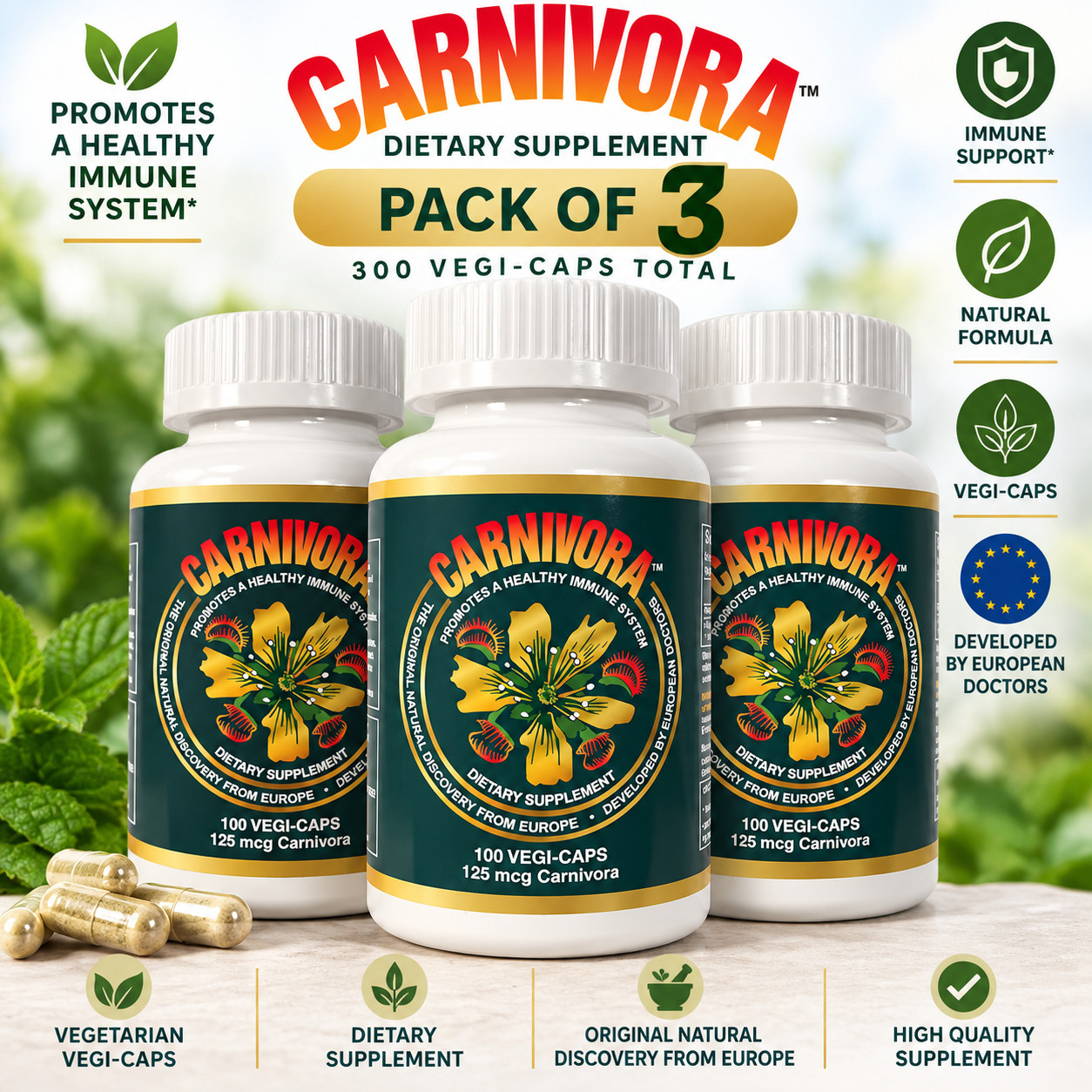 Carnivora 125 mcg 100 Vegi-Caps Dietary Supplement Pack of 3 300 Capsules