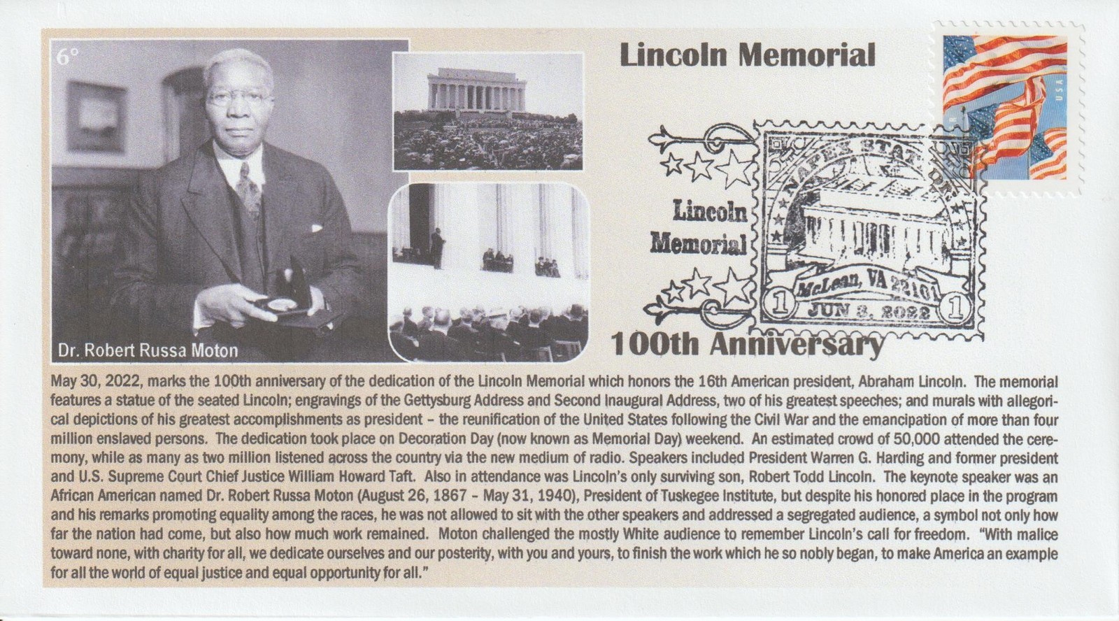 6° Cachets Lincoln Memorial 100th Anniversary Robert Russa Moton NAPEX 2022