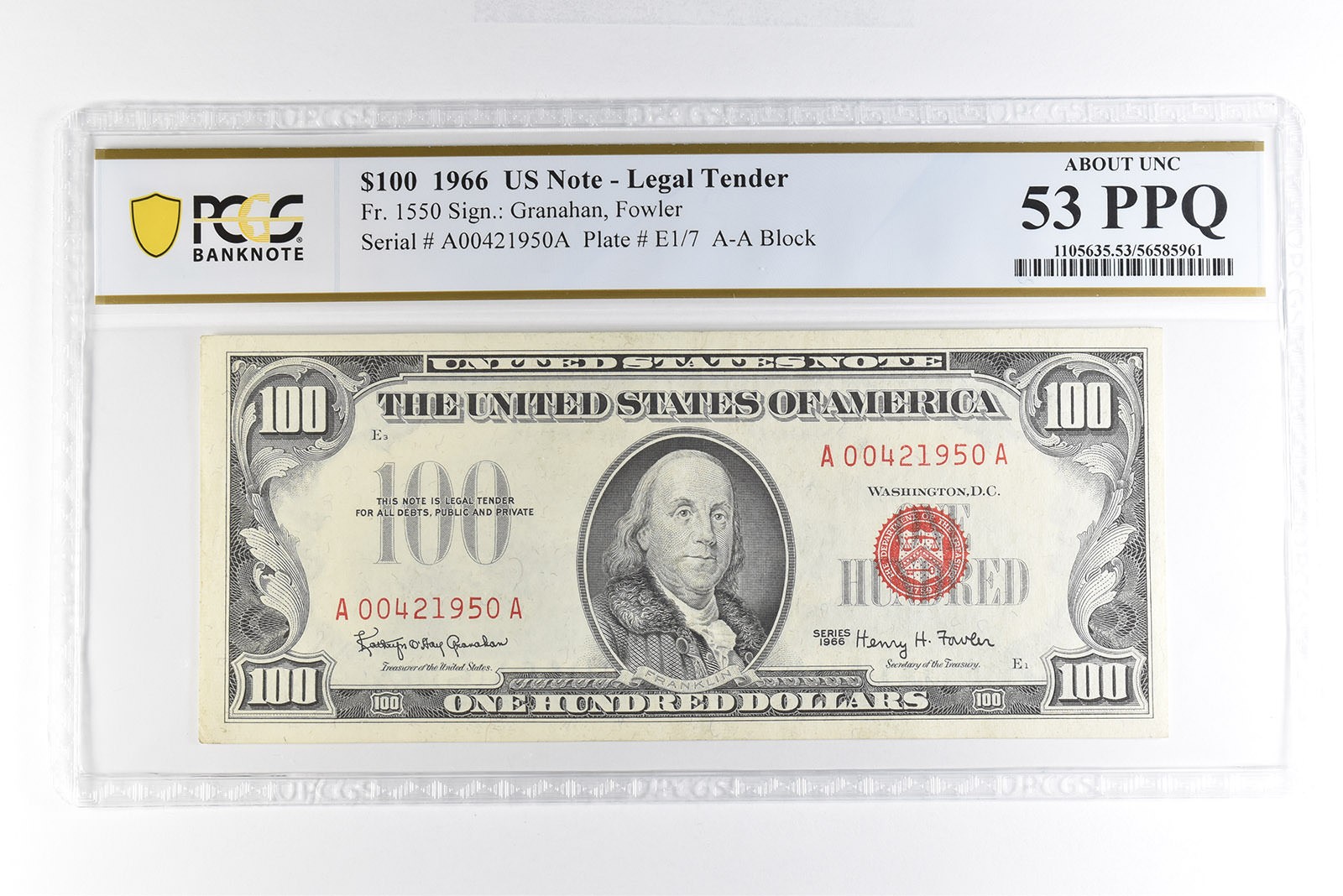 1966 $100 US Legal Tender Note Fr#1550 About Unc 53 PPQ PCGS *4983 1966 $100 US Legal Tender Note Fr#1550 About Unc 53 PPQ PCGS *4983